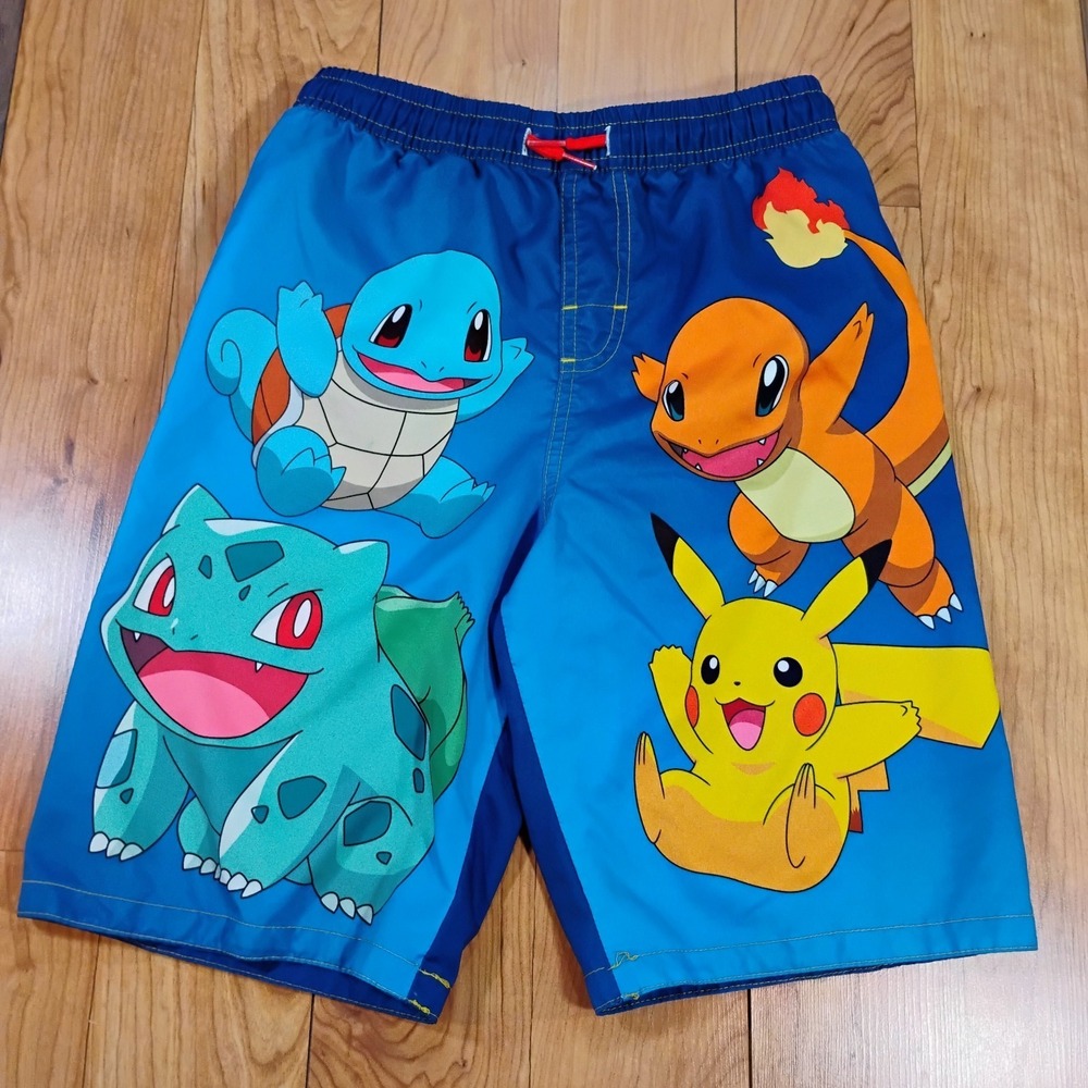 Pokemon Boy's XL Blue Characters Swim Trunks Board Shorts Pockets Drawstring